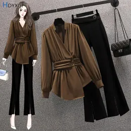 Women's Two Piece Pants Solid Color Ruffle V-neck Long Sleeve Shirt Elegant High Waist Chic Button Design Bell-bottom Small Fragrance Wind