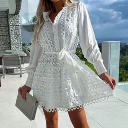 Casual Dresses Fashion Stand Collar Single Breasted Office Dress Spring Solid Color Long Sleeve Embroidered Lace Party Mini