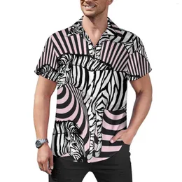 Erkek sıradan gömlekler zebra baskı suluboya bluzlar erkekler moda soyut çizgiler hawaii kısa kollu sokak tarzı büyük boy plaj gömlek