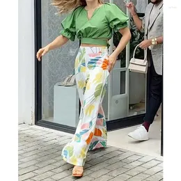 سراويل نسائية من قطعتين POFGD 2023 Summer Office Chic Ins High Street Floral Print Sexy Female Tender Sets 2PCS Set Ladies Women