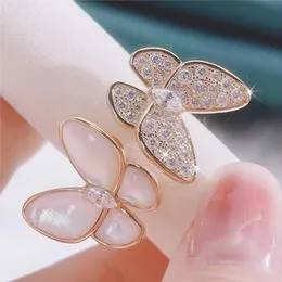 fashion love sweet butterfly designer band rings for women mother of pearl shining bling diamond crystal charm elegant ring jewelry nice gift