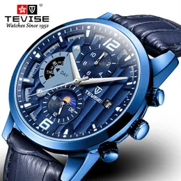 Tevise nova moda masculina relógio automático pulseira de couro à prova dwaterproof água esporte relógio luxo fase da lua data relógio de pulso mecânico223f
