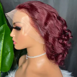 Malaysian Brazilian Peruvian Indian Human Hair 99J Wine Red Loose Wave 13x4 Transparent Lace Wig Lace Frontal Short Wig