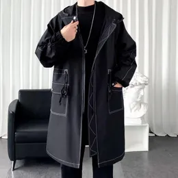 Men's Trench Coats L-8XL Spring And Autumn Loose Mid-Length Hooded Coat Korean Version Of Black Windproof Zipper Handsome Clothes