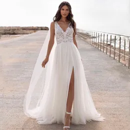 Hollow Print lace V-Neck Backless High Fork Sleeveless A-Line Beach Wedding Dress for Bride independent customization