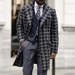 Trench da uomo Streetwear Vintage Graphic Blazer con bottoni Giacche Moda maschile Collo spesso con tacca di lana 2023 Cappotti midi a maniche lunghe