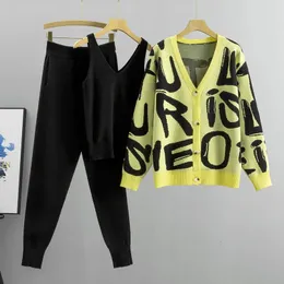 여자 2 피스 바지 스프링 가을 3 피스 여성 카디건 트랙 슈트 패션 니트 포켓 팬츠 세트 레이디스 스웨터 슈트 유럽 패션 의상 230927