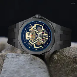 Wristwatches PINTIME Men's Watches Luminous Waterproof Automatic Mechanical Wristwatch Skeleton Samurai Head Dial Silicone Strap Sports