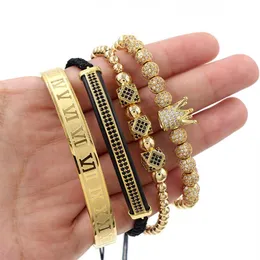 4Pcs Set Roman Number Stainless Steel Bracelet Women Men Couple Bangle Gold Crown Bracelets Jewelry317B