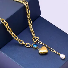 Pendentif Colliers Acier inoxydable Goutte d'eau bleue pour femmes Zircon Coeur Charms Chaîne Collier Collier Bijoux