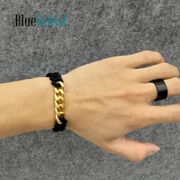 Link Bracelets Fashion Unisex Black Elastic Silica Gel Bracelet And Gold Color Chain Charm Bangle Punk Street Hip-hop Cool Jewelry Accessory