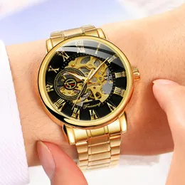 Armbandsur ForSining Luxury Gold Skeleton Watch for Men Mechanical Luminous Hands Mesh rostfritt stål Rem Klassiska klockor