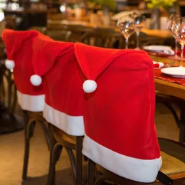 크리스마스 의자 표지 빨간색 직물 패브릭 산타 클로스 모자 의자 Xmas Ornament 홈 디너 크리스마스 장식 연회 파티 페스티벌 장식을위한 뒷 덮개