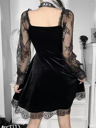 Vestidos casuais preto grunge gótico sexy para mulheres rendas manga longa elegante retalhos veludo vintage vestido escuro 2023 festa clube roupas