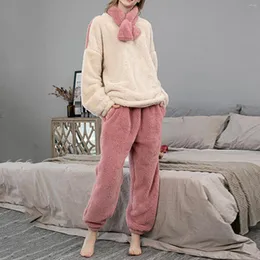 Женская одежда для сна, женский топ с длинными рукавами и брюки, осенне-зимний фланелевой пижамный костюм, теплая одежда из двух предметов с круглым вырезом