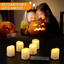 Candele 6 pezzi ricaricabili LED a lume di candela timer remoto senza fiamma tremolante luci da tè lampada realistica per Halloween Home Decor 230921