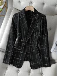 Women's Suits Large Size Black White Plaid Ladies Casual Blazer Women Autumn Winter Long Sleeve Double Breasted Coat Button Jacket