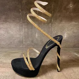 Rene Caovilla Cystal Encusted Platfom Sandals 12.5cm Snake Stass Stiletto Heels Caovilla Cleo Women Designes Ankle Wapaound Evening Shoes Factoy