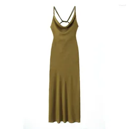 Casual Dresses Yenkye Women Olive Green Satin Slip Dress Crossed Double Thin Strap Back Flowy Halsring Kvinnlig parti Sexig