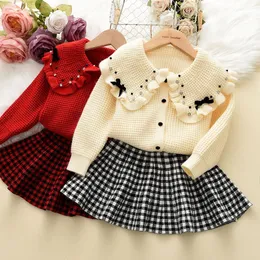 Clothing Sets Girls Clothes Set New Autumn Winter Lapel Sweater Cardigan +Plaid Skirt Two-piece for Christmas Baby Girl Outfit 230927