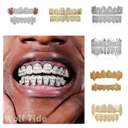 Iced Out Cubic Zirconia Skull Teeth Grillz 18K Ouro Real Punk Hip Hop Full Diamond Fang Grills Brace Tooth Cap Rapper Body Jewelry para Cosplay Halloween Costume Party