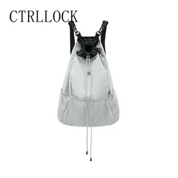 School Bags CTRLLOCK Techwear Normcore Gray Nylon Lightweight Large Capacity Mesh Backpack Women Drawstring Strap Pocket Schoolbag 230926