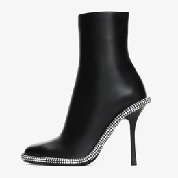 Stiletto topuk ayak bileği bot deri kadınlar kristal kaplı welt moda botları lüks tasarımcı yuvarlak ayak parmakları yan fermuar 10 cm fabrika ayakkabı kutusu 34-41