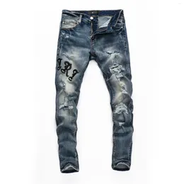 Männer Jeans Street Fashion Designer Männer Retro Hellblau Stretch Reißverschluss Hosen Gepatcht Skinny Ripped Hip Hop Marke Hosen 8304