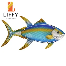 Decorative Objects Figurines Home Metal Fish Wall Art for Garden Decoration Outdoor Animales Jardin with Colourfull Glass for Statues and Sculptures Yard 230926