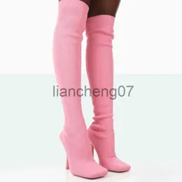 Boots New Women High Heels Boots 2023 Autumn Breathable Knitting Sock Ladies Thigh High Boots Stretch Square Toe Shoes Botas Femininas x0928