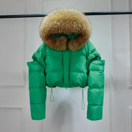 Kadınlar Down Parkas Janveny Big Real Raccoon Kürk Kahvalanmış Su Geçirmez Kış Kısa Kısa Kısa Püskürtme Kollu Çıkarılabilir Kadınlar Duck Down Ceket Kadın Parkas 230927