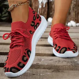 SURES BUTS Fashion Leopard Prints Sport Sneakers Kobiety oddychający siatka miękkie dno płaskie kobietę 2023 Autumn Knit Lace Up Casual Buty żeńskie T230928