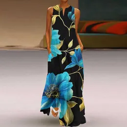 Grundläggande casual klänningar Elegant kvinnors maxi sommar ärmlös Vneck Retro Print Lady Dress Beach Vacation Kvinnlig mantel YK SXL