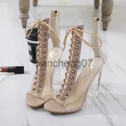 부츠 섹시한 PVC 투명 부츠 샌들 엿보기 발가락 신발 명확한 청키 한 힐 레이스 업 샌들 Mujer Blue Women Boots 2023 x0928