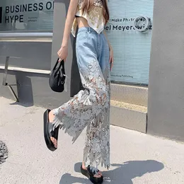 Fashion Elegant Jeans For Women High Waist Lace Patchworl Hollow Out Irregular Pantalones De Mujer Casual Loose All Match Pants 2024