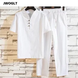 Men's Tracksuits Shirt Trousers 2021 Summer Fashion Men White Cotton Linen Short Sleeve Shirts Man Tracksuit Set 2 Pieces1774