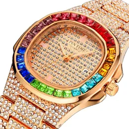 Zegarek na rękę Pintime Watch for Men Waterproof 3atm Bling Iceded Out Kolor Diamond Case Fashion Quartz zegar ze stali nierognicz