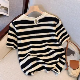 Women's Blouses Knitting T-shirt Short Sleeve Breathable Versatile Girls Simple Casual Slim Striped Tee Top Daily Clothing