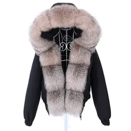 Pele feminina pele falsa maomaokong moda curta feminina real casaco de pele natural guaxinim grande gola de pele inverno parka bombardeiro jaqueta impermeável 230927