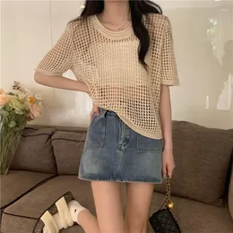 Women's Sweaters Summer Casual Loose Female Gentle Hollow Out Top Knitted Pullover Blouse Short Sleeve Sweater Bohemian Vacation