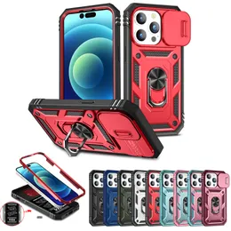Shockproof Hybrid Ring Kickstand Card Slot Cases For iPhone 15 Pro Max 14 13 12 11 XR XS X 8 Slide Lens Protection Phone Cover Funda