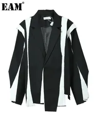 Wool Blends Eam Women Black Irregular Colorblock Big rozmiar Blazer Lapel Long Sleeve Kurtka Fashion Spring Autumn 1DF3080 230927
