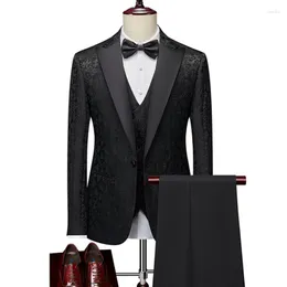 Men's Suits 2023 Fashion Casual Boutique Bow Design Sina Wedding Host Suit 3 Pcs Set Dress Blazers Jacket Pants Vest Coat Trousers