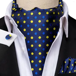 Bow Ties Hi-Tie Silk Blue Yellow Dots Mens Ascot Tie Tie Hanky ​​Cufflinks مجموعة Jacquard المنسوجة الذاتية