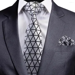 Handdukar Gusleson Design Silk Tie Solid Silver Black Neck Triangle Patter Plaid Slips och Pocket Square Set for Party Wedding