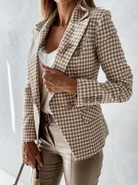 Wełniane mieszanki damskie Plaid Blazer Women Spring-Autumn Vintage Tweed Suits Jackets Office Ladies Chic Slim Blazers Girls Tassel Tops Set Coat 2309927