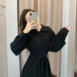 Casual Dresses Summer Outfits For Women 2023 Single Lapel Neck Long Shirt Dress With Belt Y2k French Korean Loose Sleeve Slit Slim