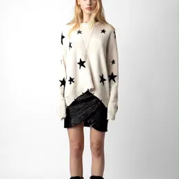 Suéteres femininos 2023 cashmere em torno do pescoço rasgado borda design solto preto estrela camisola