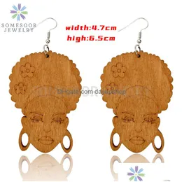 Dangle Chandelier Brincos Gravados Afrocêntricos Étnicos De Madeira Tribal Headwrap Natural Cabelo Geométrico Jóias Para Mulheres Entrega Dh623