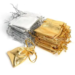 Sacchetti di organza in argento e oro da 100 pezzi con coulisse Sacchetti regalo per bomboniere per matrimoni, orecchini di caramelle, gioielli291o